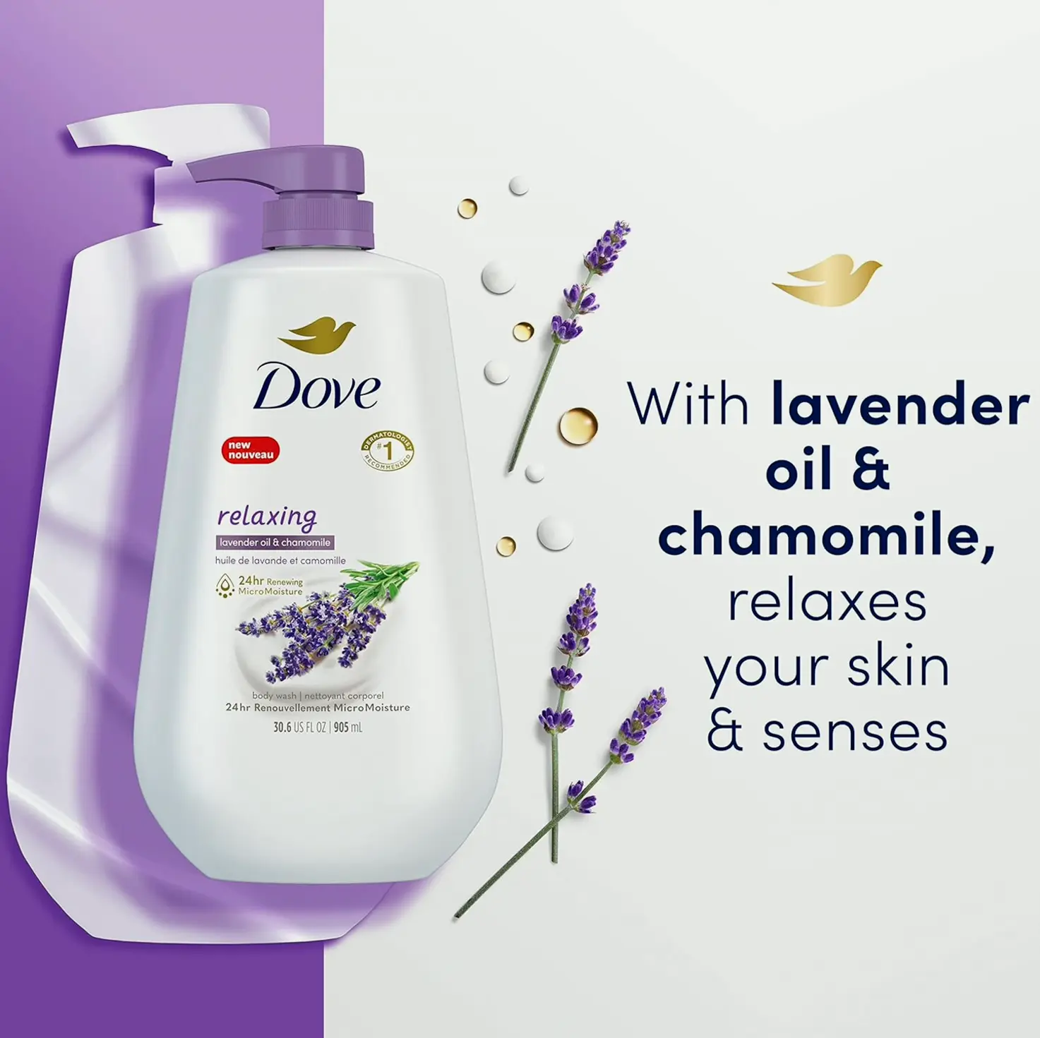 Dove's Lavender-Infused Body Gel with Dispenser, Three Bottles for Renewed Skin 30.6