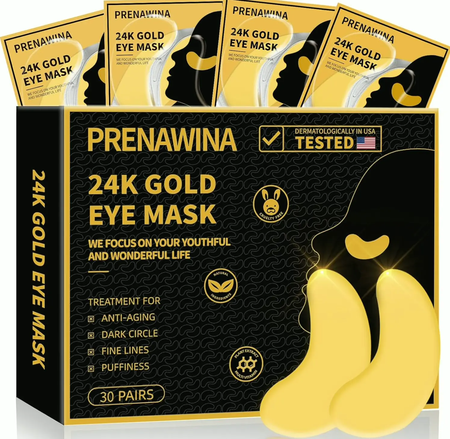 Anti Eye Masks for Swollen Under Eyes Care, 30 Pairs Gold Gel Pads