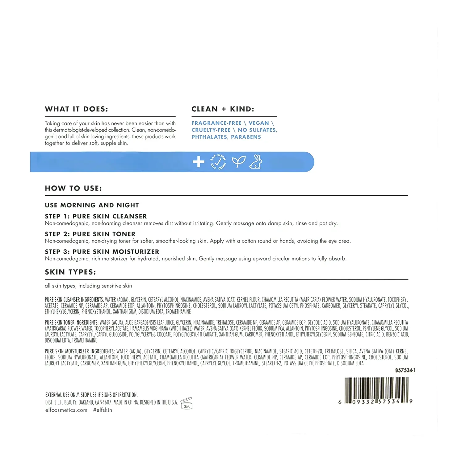 Elf Pure Skincare Mini Kit: Cleanser, Tone & Moisturizer