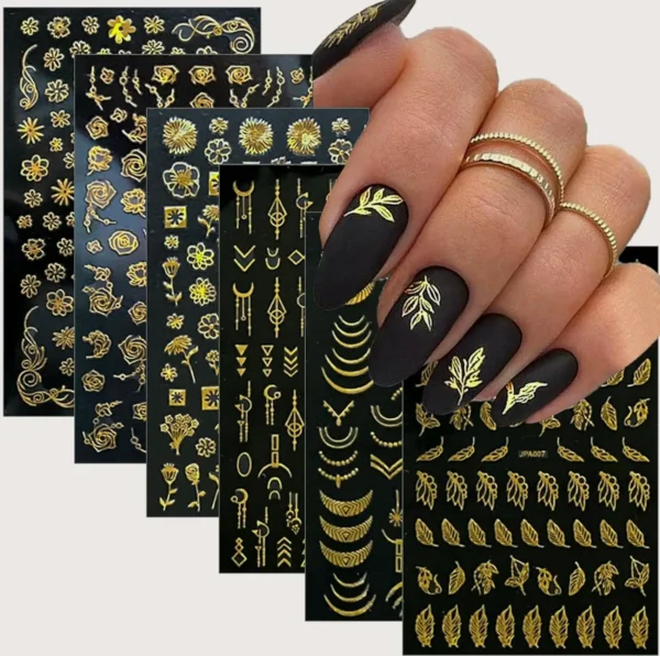 10 Sheets Golden Nail Decals 3D Sticky Floral Leaf Design Nail Decoration