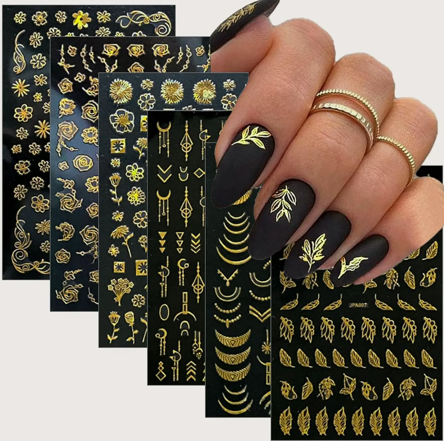 10 Sheets Golden Nail Decals 3D Sticky Floral Leaf Design Nail Decoration