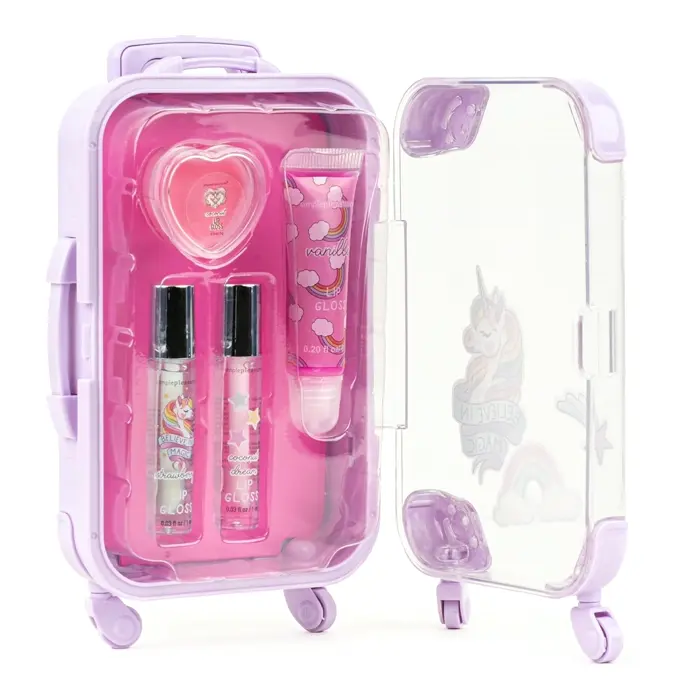 4-Piece Kids Lip Gloss Care Set Fruity Flavored, Realistic Suitcase