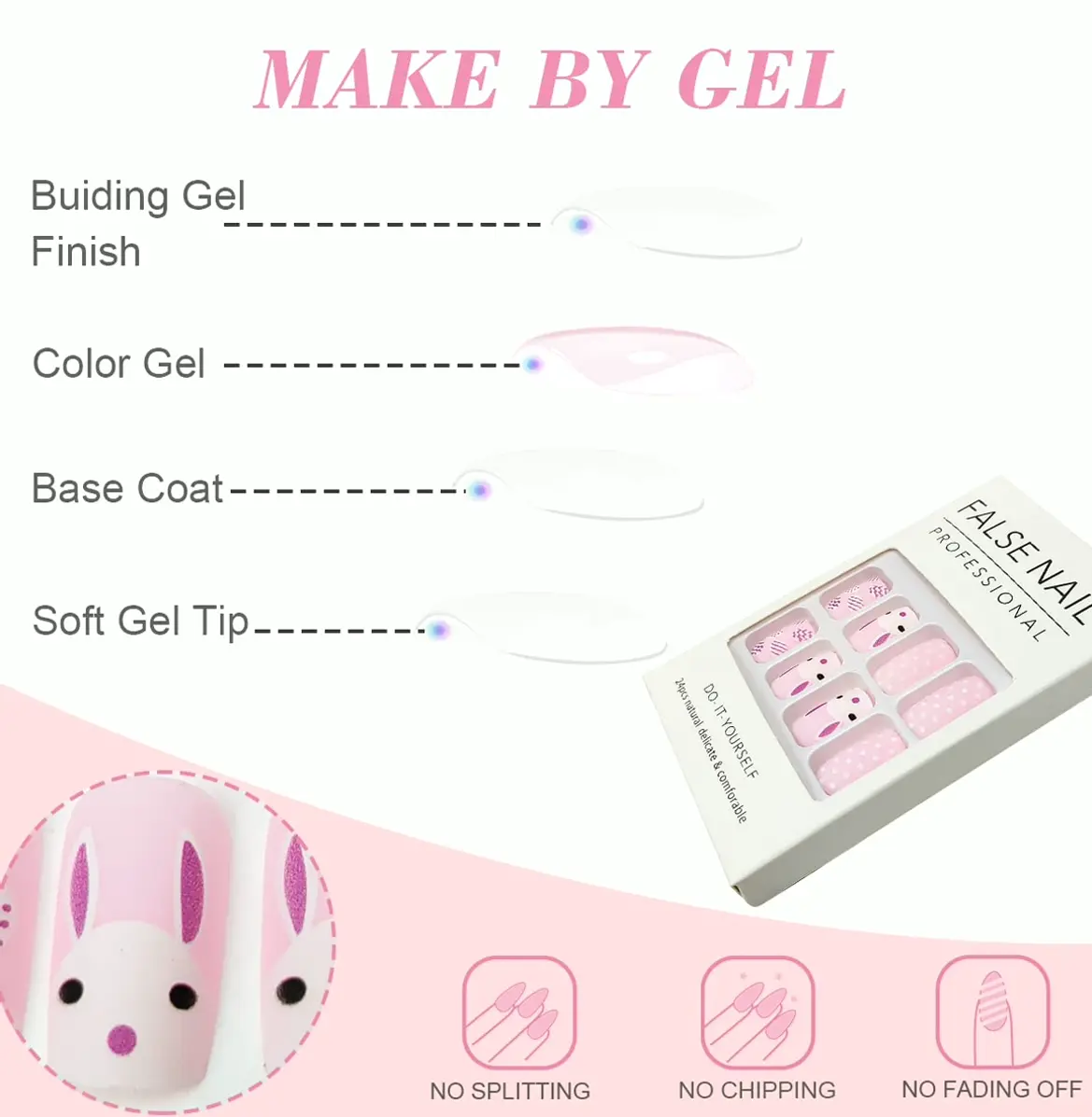 Spring Stick-On Nails Rabbit Pattern - 24 Units