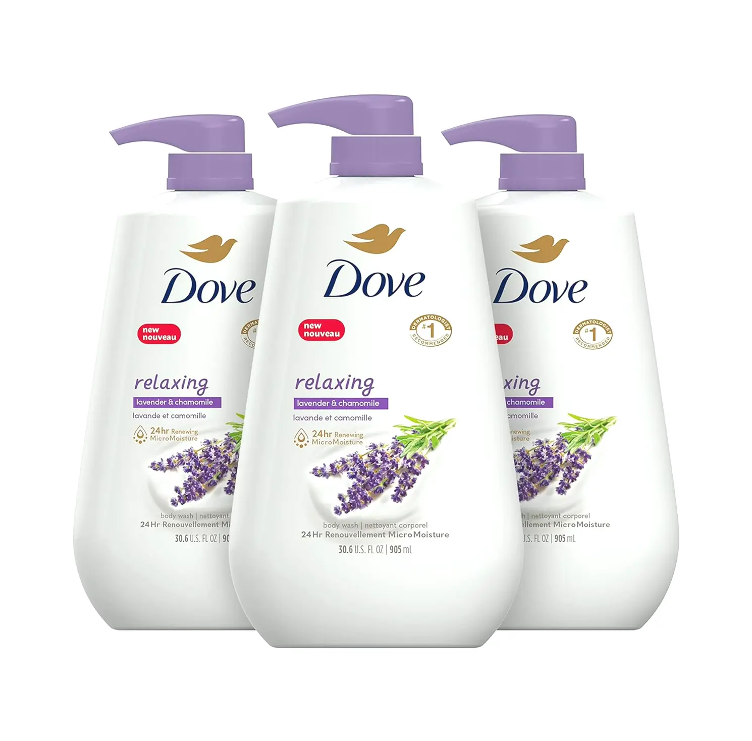 Dove's Lavender-Infused Body Gel with Dispenser, Three Bottles for Renewed Skin 30.6
