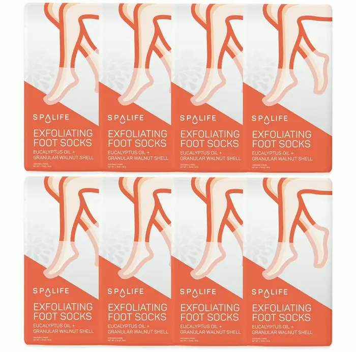 SpaLife Exfoliating Foot Masks - Eucalyptus Oil + Granular Walnut 8 Pack