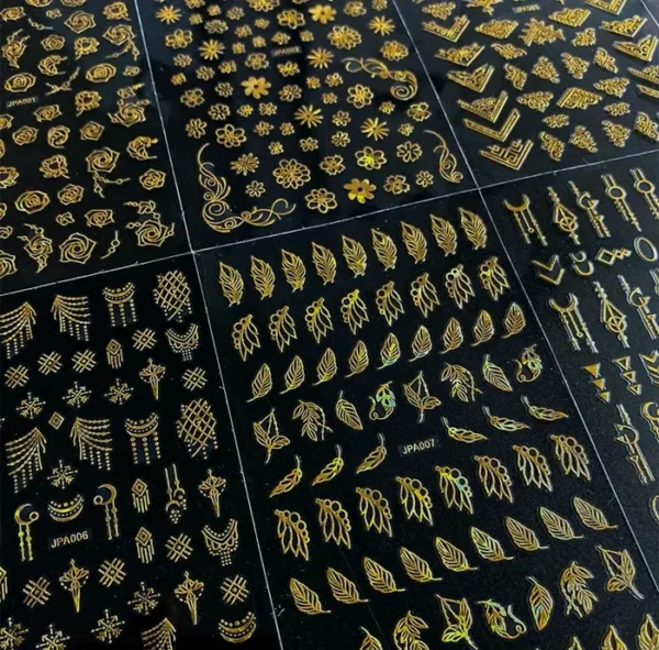 10 Sheets Golden Nail Decals 3D Sticky Floral Leaf Design Nail Decoration