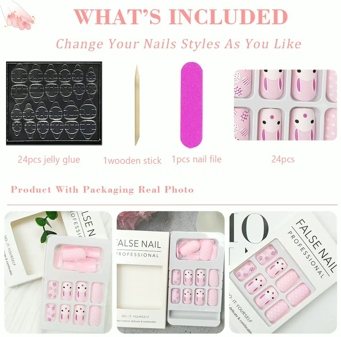 Spring Stick-On Nails Rabbit Pattern - 24 Units