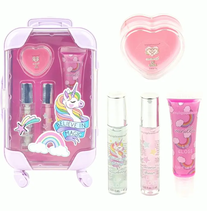 4-Piece Kids Lip Gloss Care Set Fruity Flavored, Realistic Suitcase