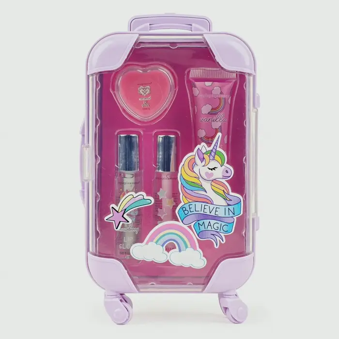 4-Piece Kids Lip Gloss Care Set Fruity Flavored, Realistic Suitcase