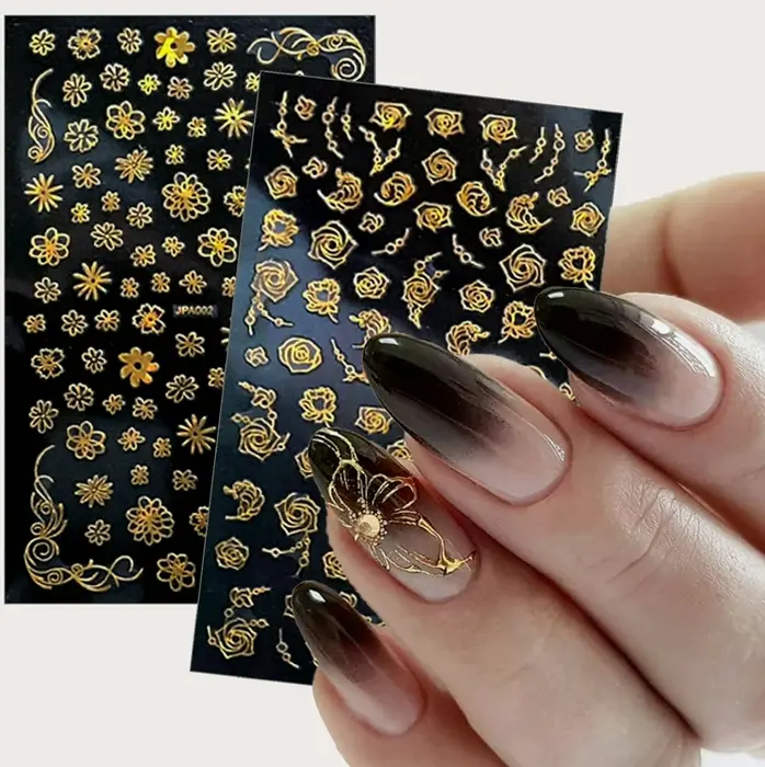 10 Sheets Golden Nail Decals 3D Sticky Floral Leaf Design Nail Decoration